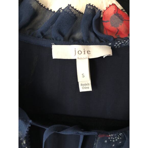 NWOT Joie Navy Silk Popover with Red Flowers - Picture 7 of 11